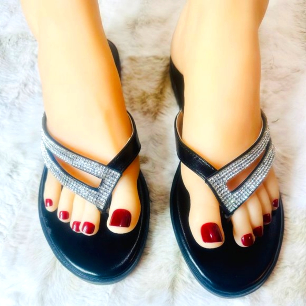 Mata Slip On Summer Flats Rhinestone Black Sandals